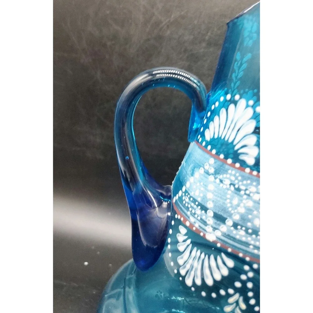 Antique Northwood Glass Hand Painted Enameled Blue Glass Tankard Pitcher 13